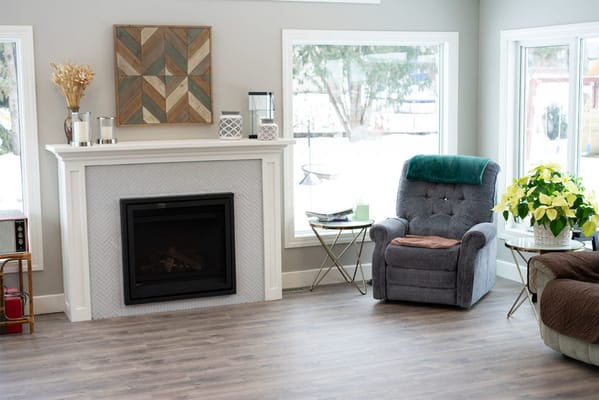 Cozy interior lounge area with a fireplace