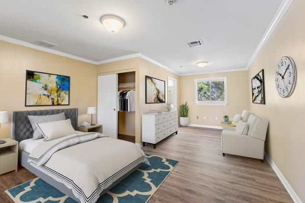 Bright, airy private resident room with modern decor