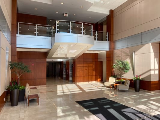 Bright and spacious lobby area with seating