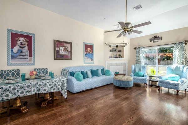 Bright common area with comfortable seating and decor