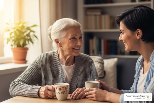 Two women enjoying a warm drink and conversation indoors