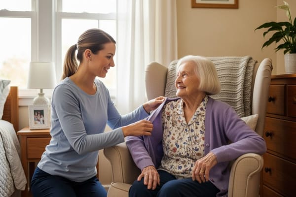 Staff assisting a resident in a cozy room