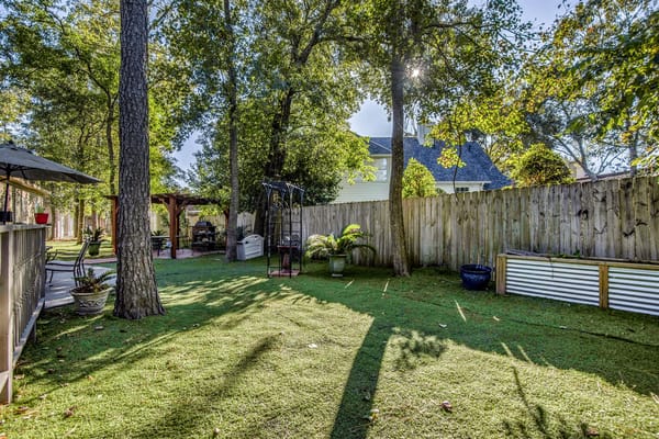Serene outdoor space with trees and seating