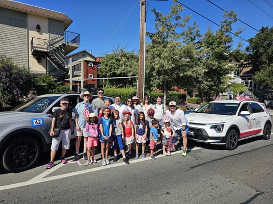 A group of people participating in a festive parade