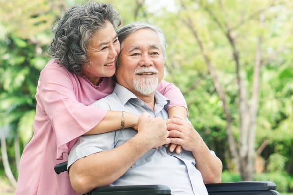 Seniors enjoying time together in a garden setting