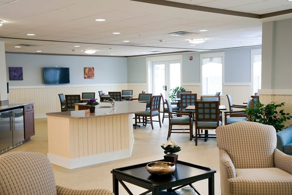 Bright and welcoming common area in a senior living facility