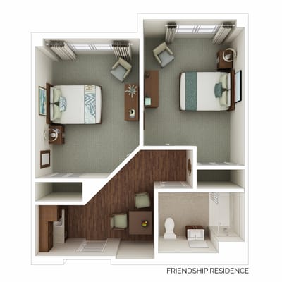 Floor plan of a private resident room layout