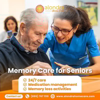 Staff assisting a senior with memory care