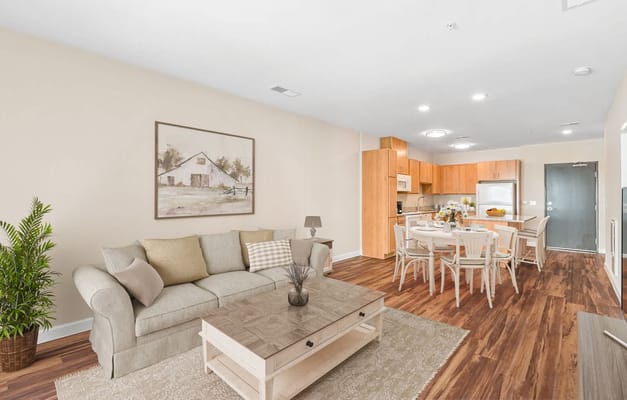 Bright interior living space with kitchen and dining area