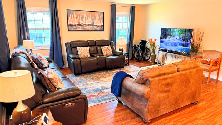Cozy living room with brown sofas, lamp, and TV showing nature scenery.