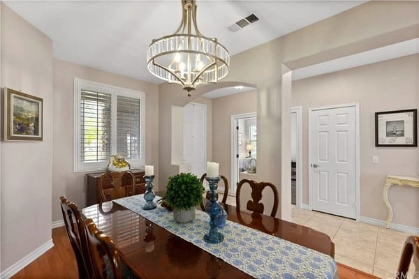 Interior view of a dining area with table and decor