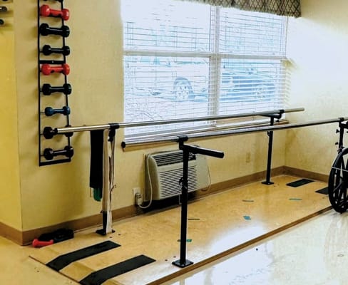 Therapy room with exercise equipment for residents
