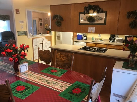 Interior view of a dining area with festive decor