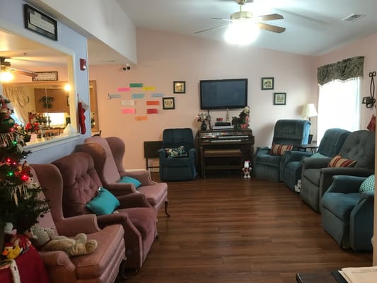 Common area with seating and festive decor