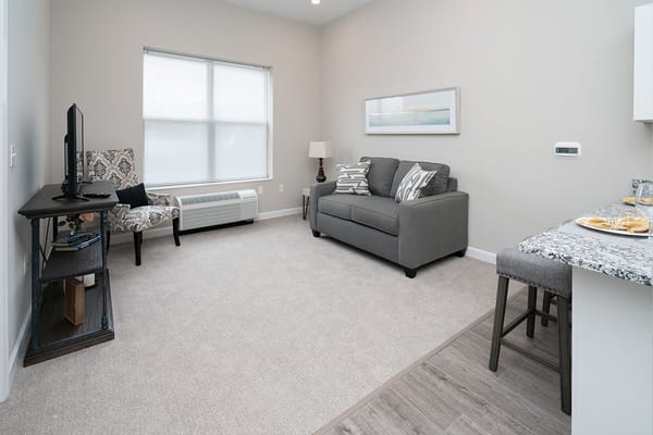 A bright and cozy living room with a sofa and armchair.
