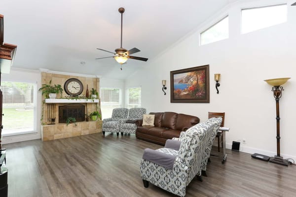 Bright common area with seating and decor