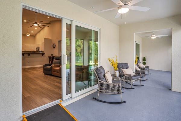 Welcoming outdoor seating area near entrance