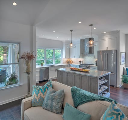 Bright and modern kitchen area with a cozy seating arrangement