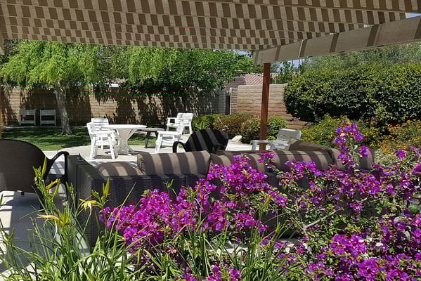 Comfortable seating area surrounded by flowers in an outdoor space.