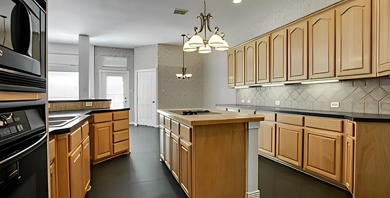 Modern kitchen with wooden cabinets and a central island
