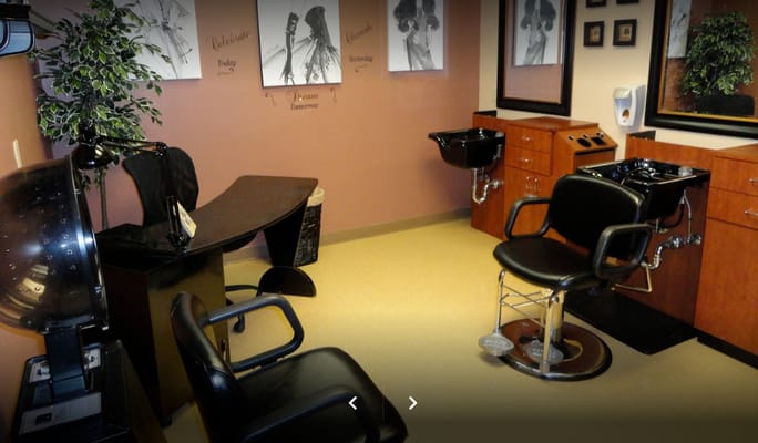 Interior view of the salon with styling chairs and wash stations.