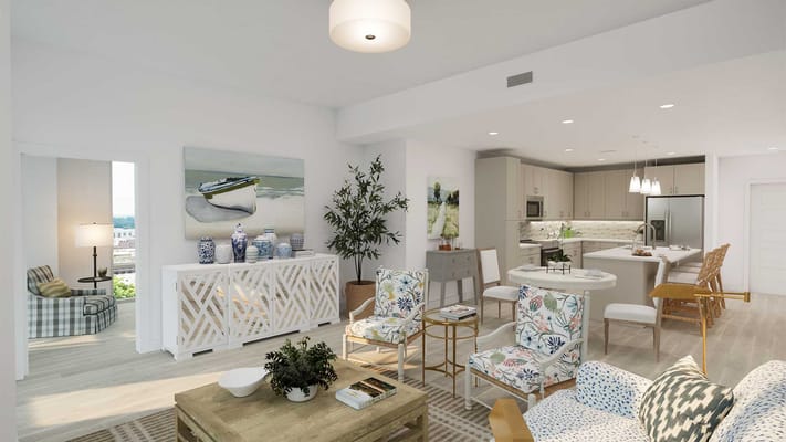 Bright, modern interior of a resident suite with furnishings