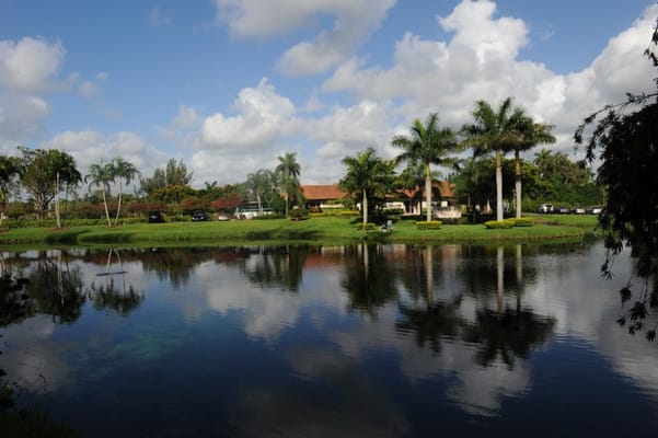 Lush outdoor area with a lake and trees