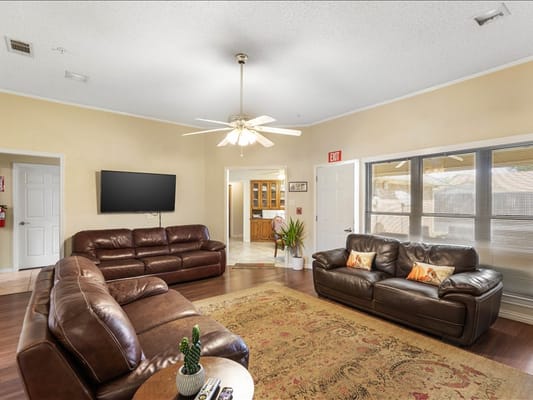 Interior view of a comfortable common area with seating