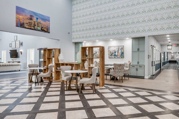 Bright and spacious common area with seating