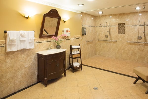 Well-equipped bathroom with grab bars and a mirror