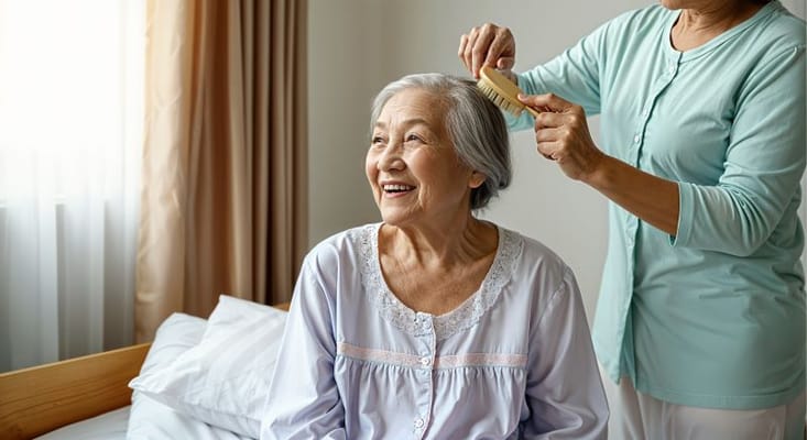 Caregiver styling an elderly woman's hair in a cozy room