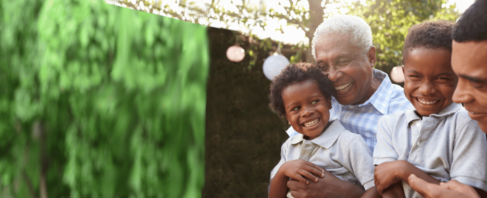 A joyful family gathering in a garden space