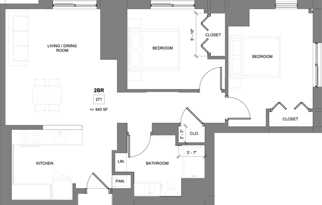 Architectural floor plan for a two-bedroom suite