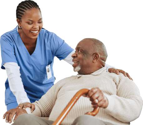 Nurse interacting joyfully with a senior resident