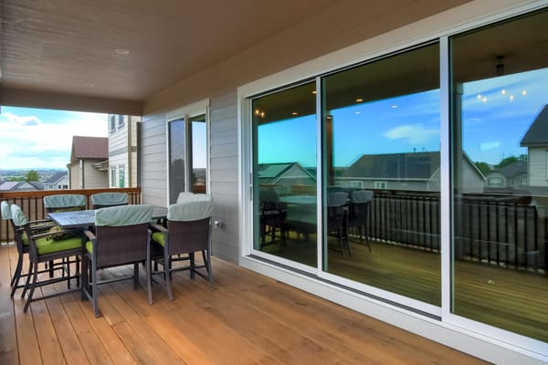 Outdoor dining area with seating and a view