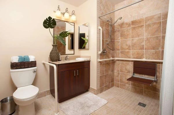 Accessible bathroom with safety features and modern fixtures