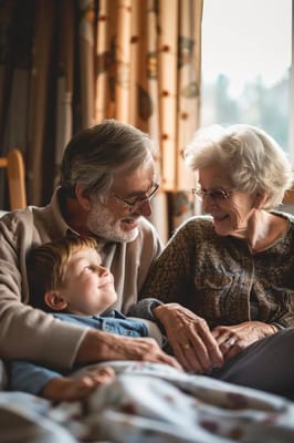 Elderly couple smiling with a child in a cozy setting