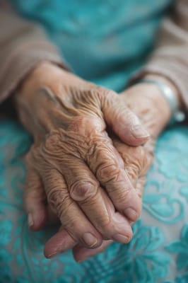 Close-up of elderly hands resting together