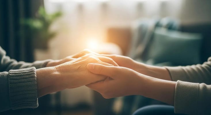 Two hands gently holding each other in a caring gesture