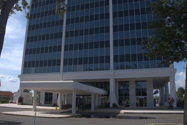 Front entrance of a modern assisted living facility