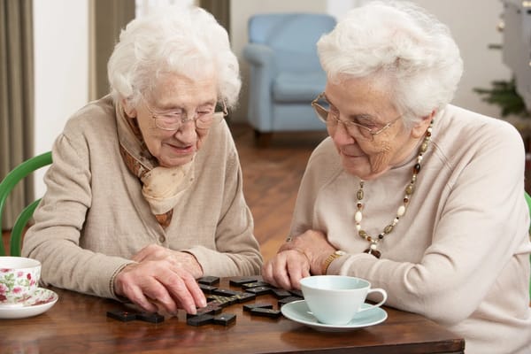 Two elderly women playing a board game at a table