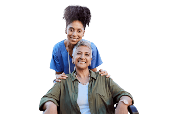 A caregiver with a resident in a supportive pose