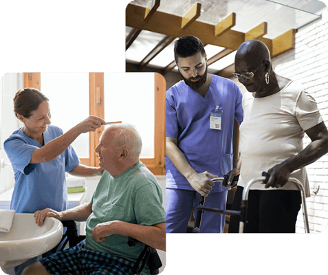 Care staff assisting residents indoors in a facility