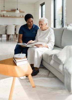 Caregiver reading with resident in a cozy living area