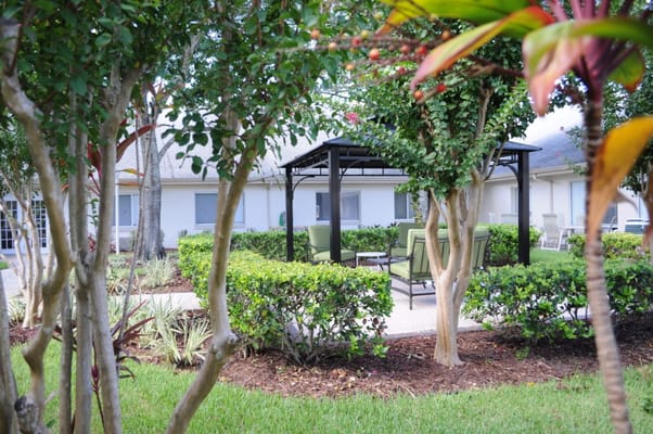 Outdoor seating area with gazebo surrounded by greenery