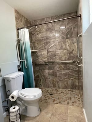 Accessible bathroom with a toilet and a walk-in shower