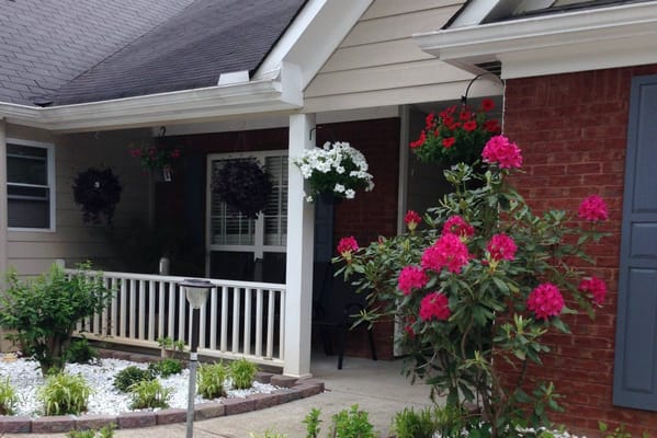 Front porch with hanging flowers and vibrant plants