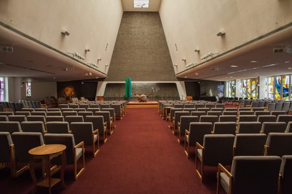 Interior view of a large common area with seating