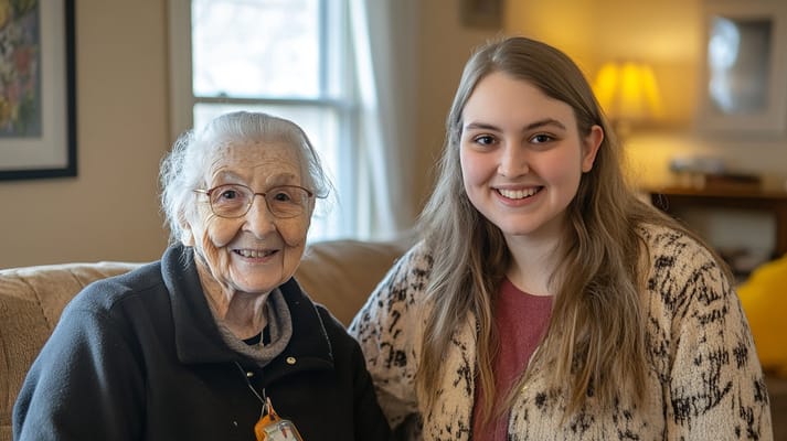 An older woman and a young woman smiling together on a couch.