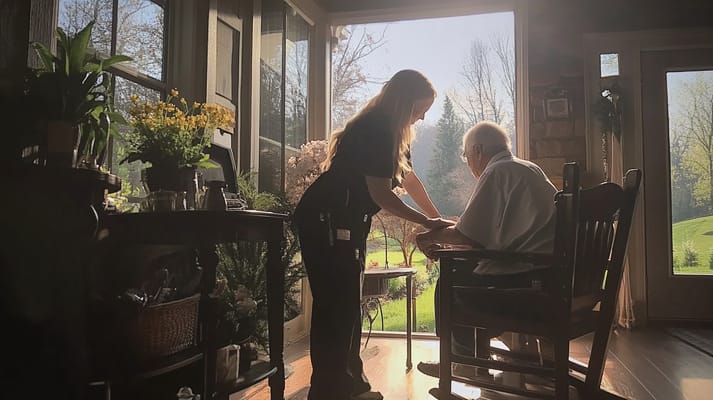 A caregiver assisting a senior resident indoors by a window